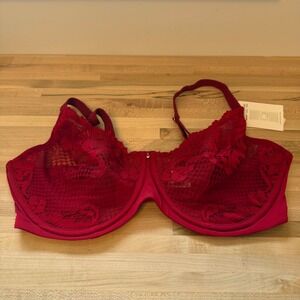Le Mystere Lace Allure Unlined‎ Bra 36DDD/F Cherry Red Floral Lingerie